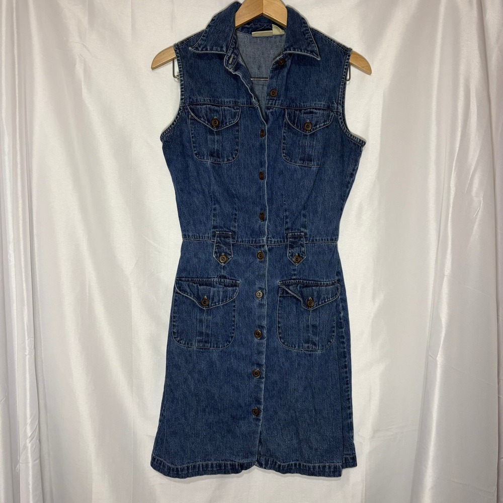 Vintage St Johns‎ Bay Denim Shirt Dress Blue Sleeveless Button Front Petite 6P